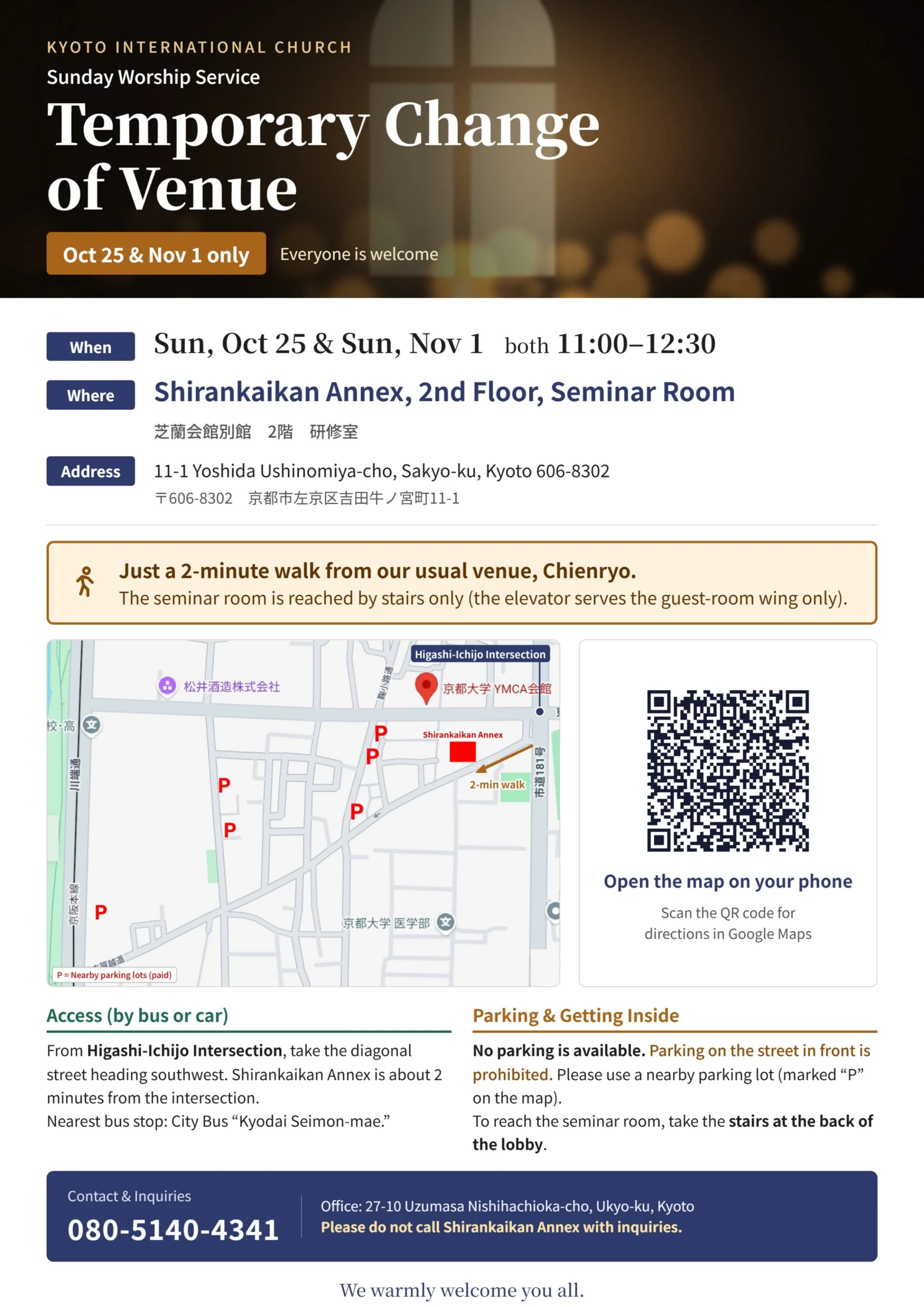 English notice of the worship venue change to Shiran Kaikan Annex on October 25 and November 1, with a map and directions.